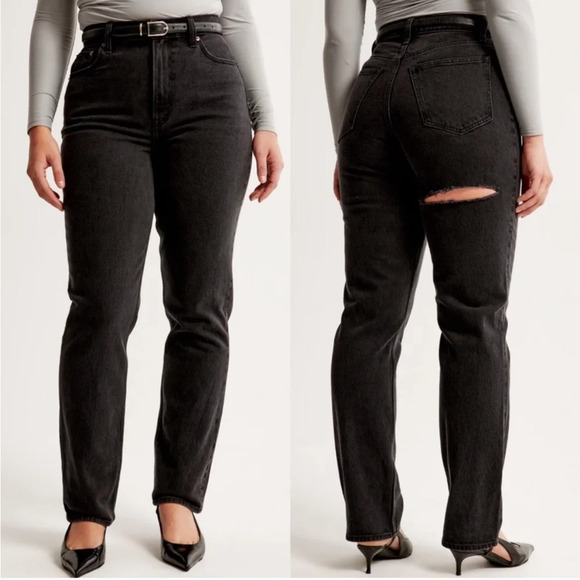 Abercrombie & Fitch 90s Relaxed Jeans High Rise Curve Love Plus Black Butt Rip - Picture 1 of 9